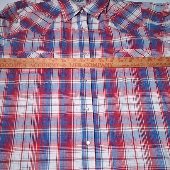 Wrangler Wrancher Shirt Women XL Western Pearl Snap Red Blue Plaid Rodeo Ranch - Picture 8 of 14